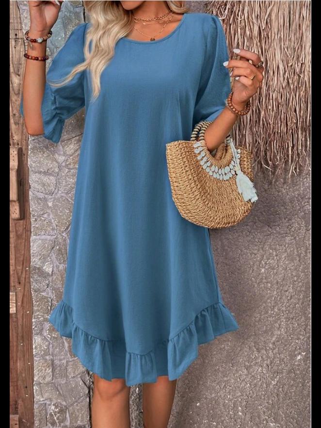 Women's Retro Cotton Linen Mid-Sleeve Round Neck Ruffle Dress