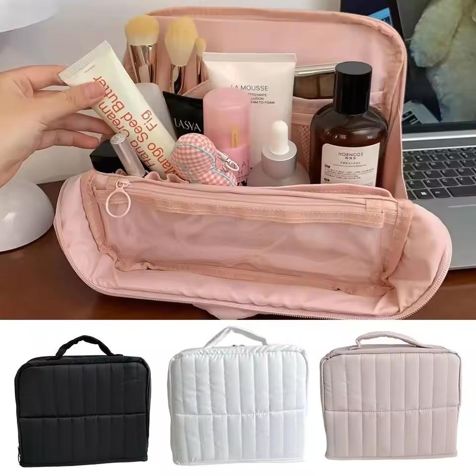 Large Capacity Portable Standing Makeup Bag Travel Toiletry Bag Cosmetic Brush Organizer Handheld Stationery Storage Pouch