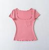 Pocket Square Neck Short Sleeve T-Shirt Women's Summer New American Spice Girl Solid Color Fungus Edge Slim Bottom Top