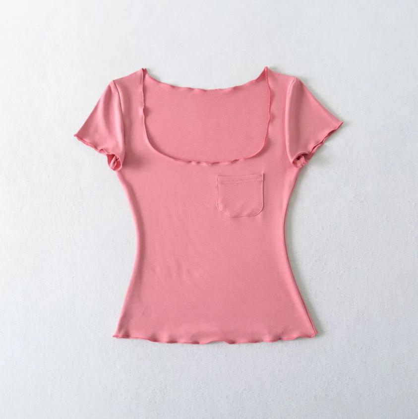 Pocket Square Neck Short Sleeve T-Shirt Women's Summer New American Spice Girl Solid Color Fungus Edge Slim Bottom Top