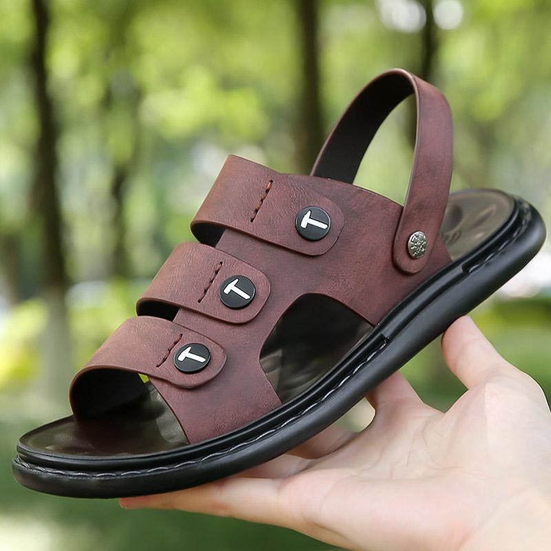 

Fashion Men s Leather Sandals Breathable Soft Comfortable Slippers Summer Casual Shoes Slip-On Lightweight Flats Beach Walking Sandals 48 коричневый