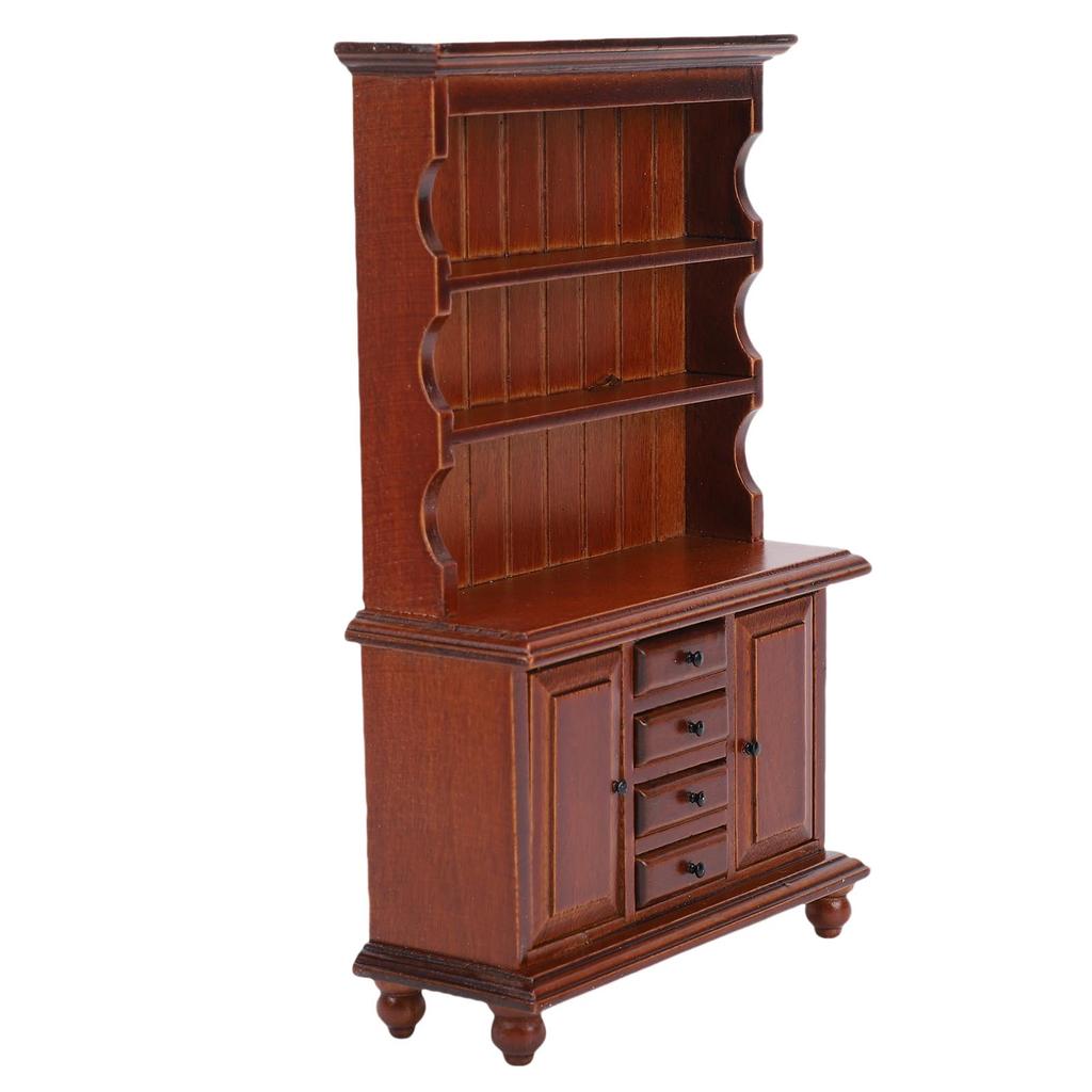 1/12 Scale Dollhouse Cupboard Miniature Display Cabinet Storage Drawers and Double Doors Chestnut