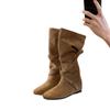 Cowhide Version~ 6cm Height Increase Fashion Pleated Stacking Boots Women's Autumn and Winter New Round Head Buckle Strap Thin Knight Medium Boots