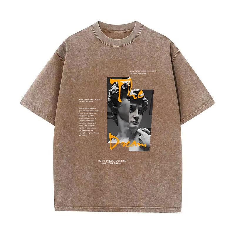 Plus Size Summer Men's and Women's 230g Cotton Sculpture Printed Vintage Washed and Aged Round Neck Short Sleeve Hip Hop T-Shirt
