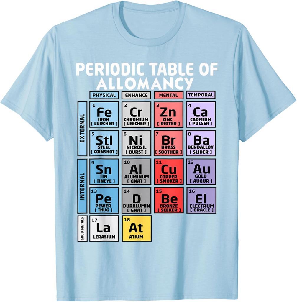 Periodic Table of Allomancy Metal Powers Graphic T-Shirt Casual Short Sleeve Cotton Crewneck Tee