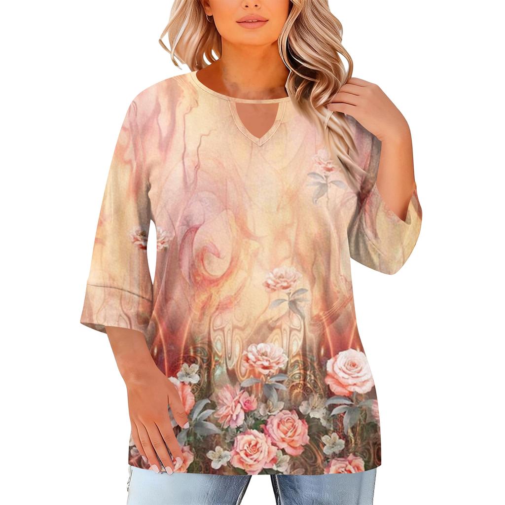 Women's Fashion Casual Round Neck Three-Quarter Sleeve Oversized Print Top