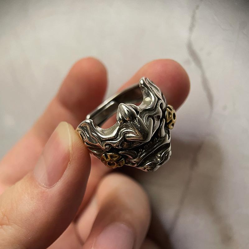 Retro Samurai Cyberpunk Mask Ring Punk Gothic Adjustable Open Ring For Men Copper Designer Jewelry Biker Accessories Unisex Gift
