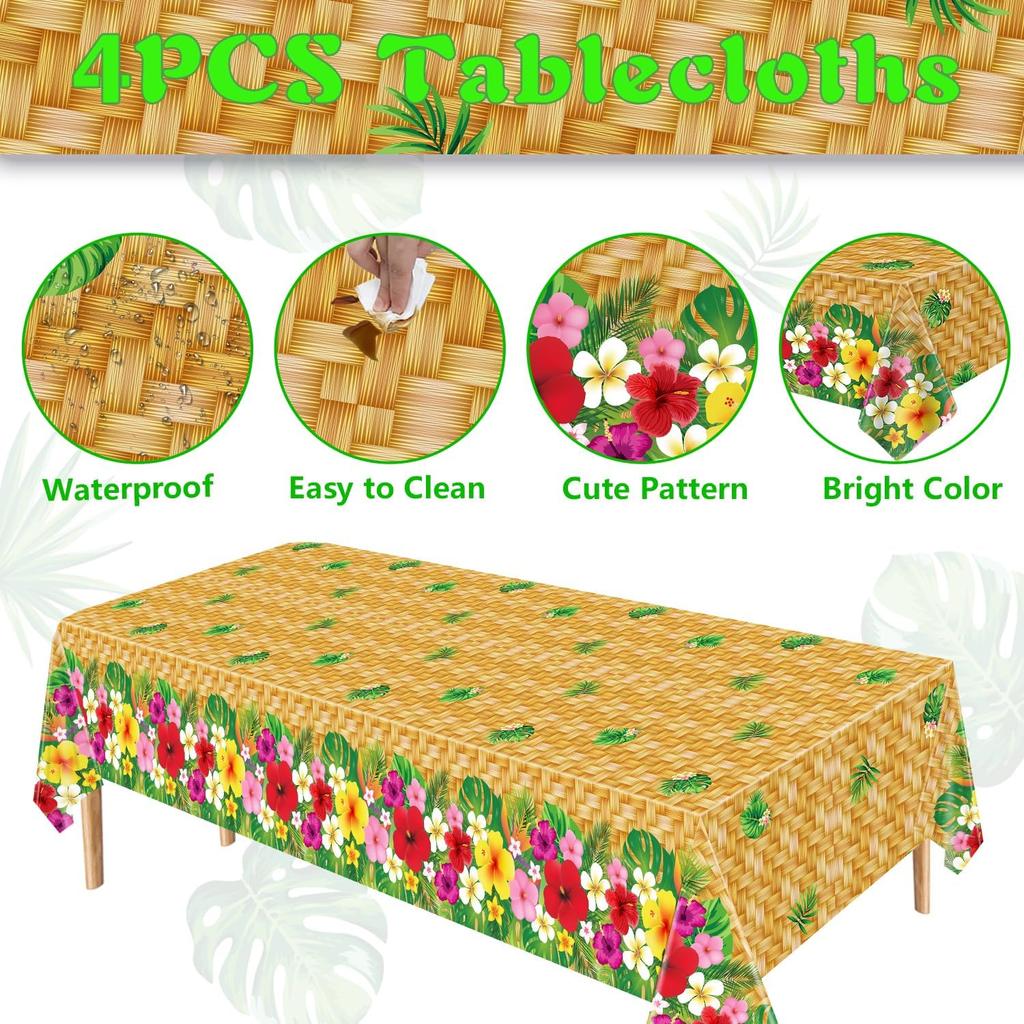 4 Pcs Hawaiian Luau Tablecloths Hawaiian Luau Table Cover Tropical Palm Leaves Tablecloth 86 x 51 in Palm Leaves Table Cloth Baby Birthday Party