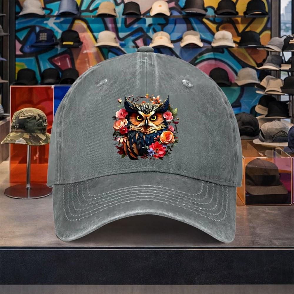 Owl Floral Print Washed Cotton Baseball Cap Adjustable Unisex Vintage Casual Outdoor Hat