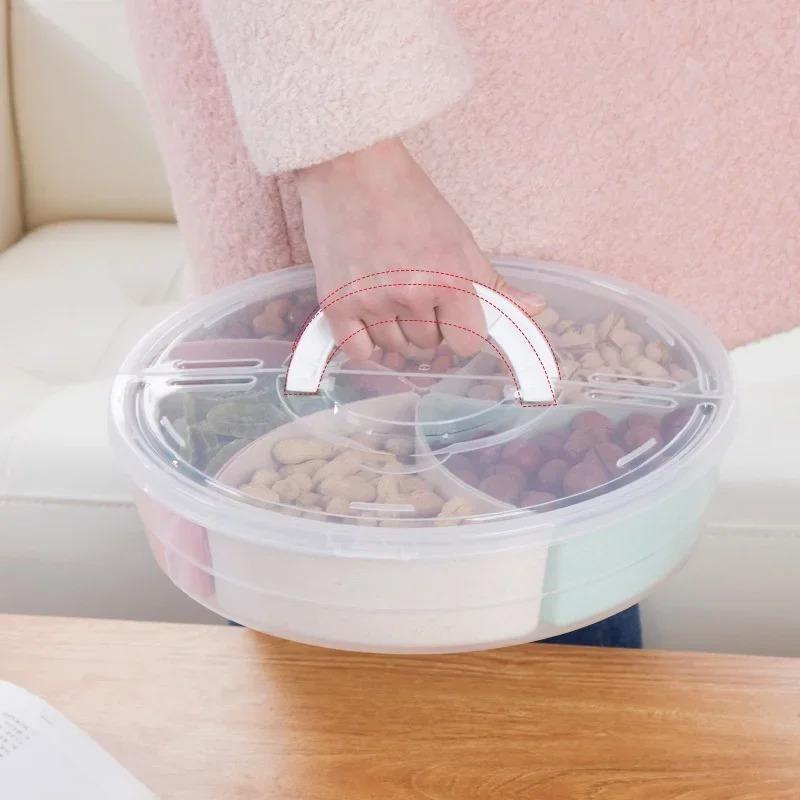 Multi - Compartment Round Food Storage Container with Transparent Lid and Convenient Handle - Ideal for Organizing Snacks