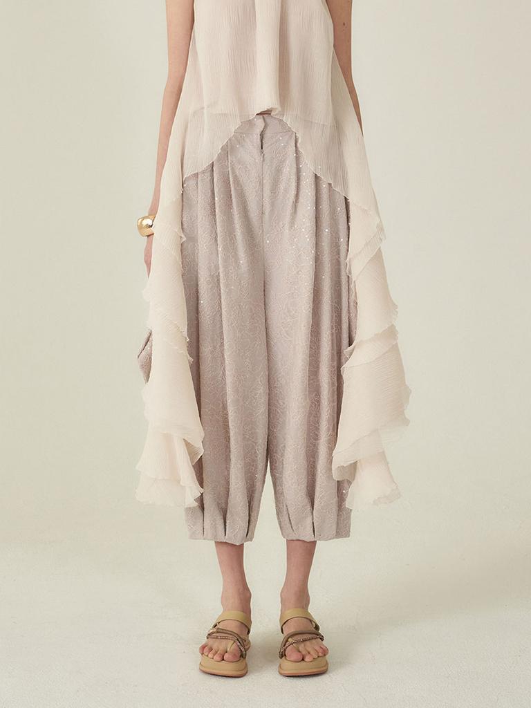 Kaie White Sequin Cotton Silk Volume Balloon Pants