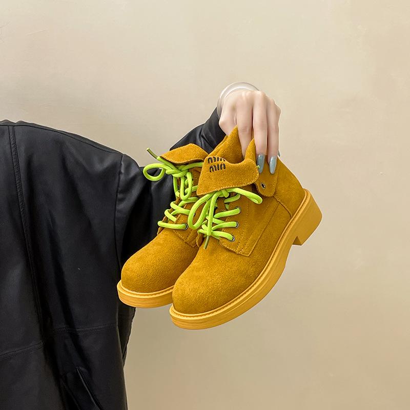 2025 autumn and winter new fashion retro British style folding contrasting color thick heel Martin boots women's casual tooling boots short boots