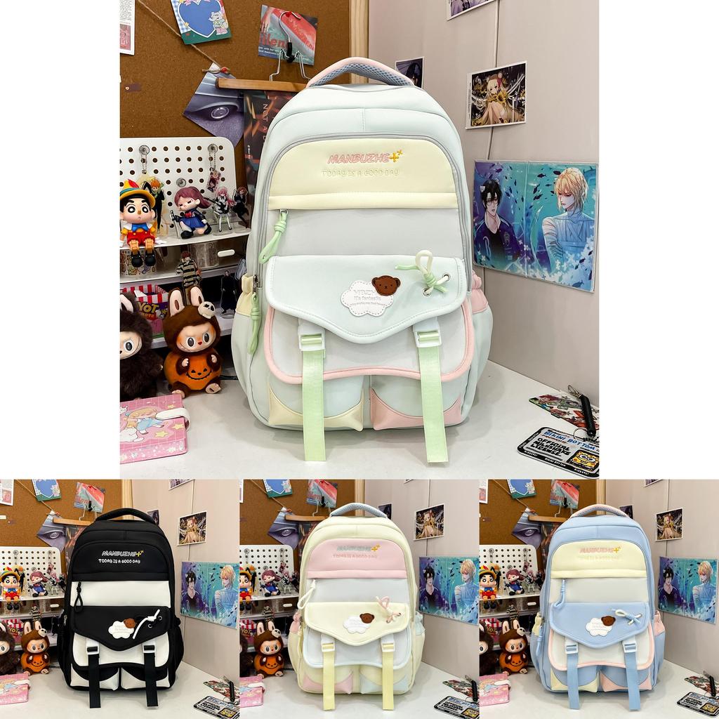 Simple Color Blocked Letter Print Student Backpack With Plush Pendant For Daily Use