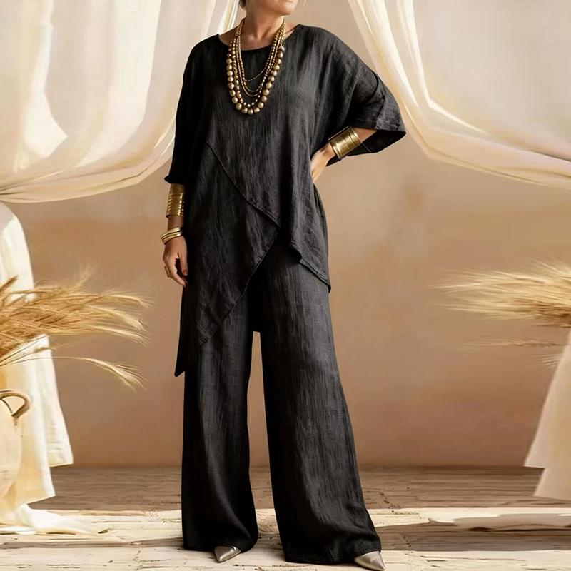 Summer Half Sleeve Irregular T Shirt Loose Wide Leg Pants Suit Women Casual Two Piece Set Cotton Linen Outfits