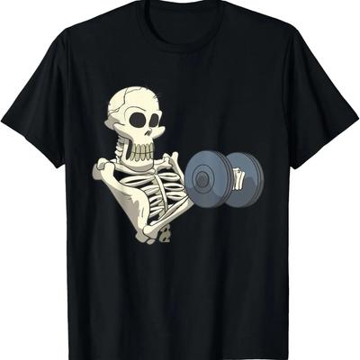 Funny Skeleton Fitness Workout With Curls And Dumbbells T-Shirt