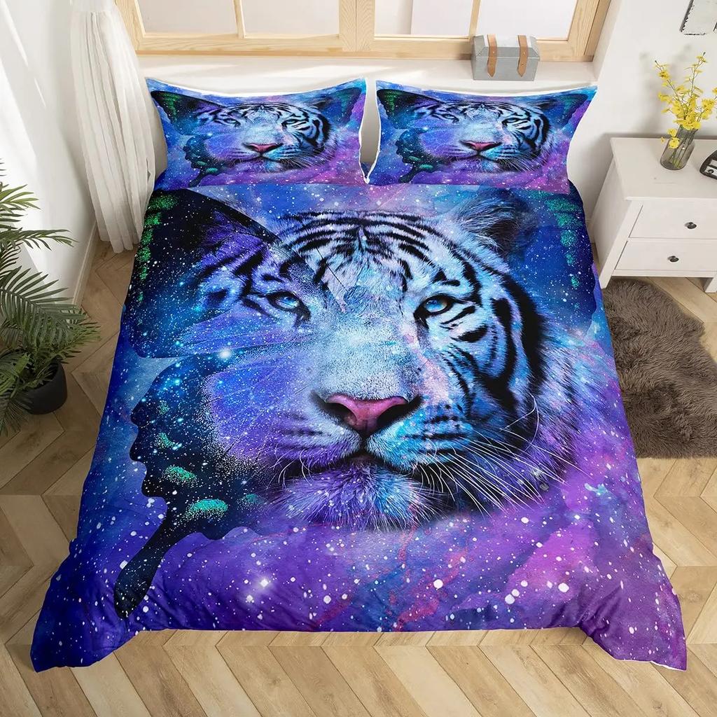 Galaxy Tiger Duvet Cover Set Blue Nebulas Stars Moon Bedding Sets Outer Space Wildlife Sky Starry King Comforter Cover Set
