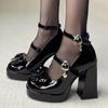 Punk Heart Buckle High Heels Pumps Women Spring Black Chunky Platform Lolita Shoes Woman Bowtie Thick Heel Gothic Shoes