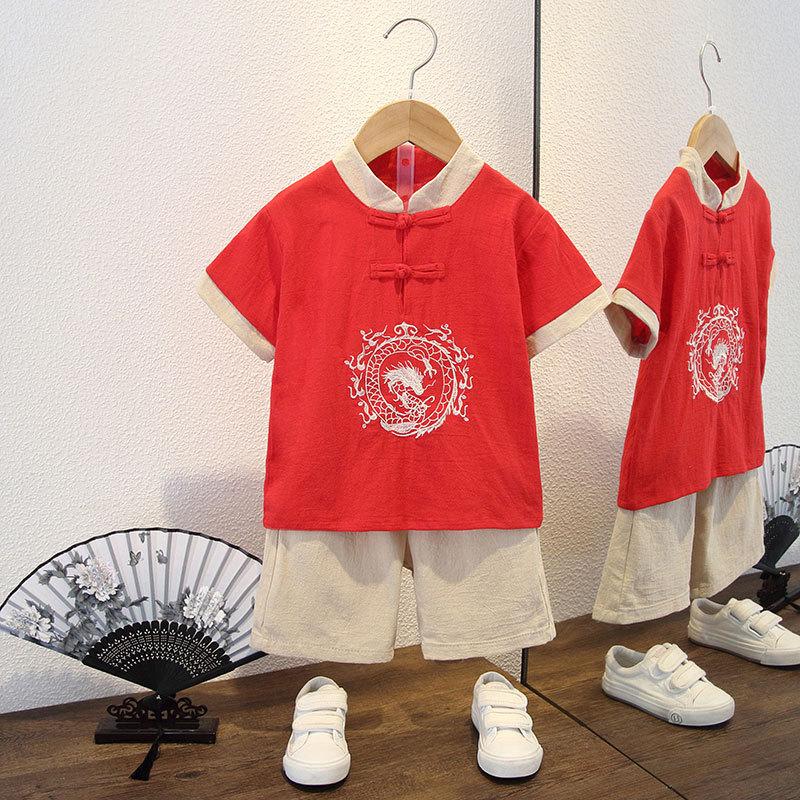 Completo Estivo da Ragazzo a Maniche Corte Stile Cinese per Bambini Hanbok Bello Completo Tang Cotone Lino Sezione Sottile di Abbigliamento Antico