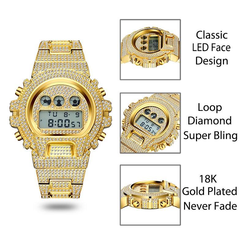 Multi-function Digital Mens Watches Top Luxury Brand LED 18K Gold Watch Men Hip Hop Male Iced Out Watches