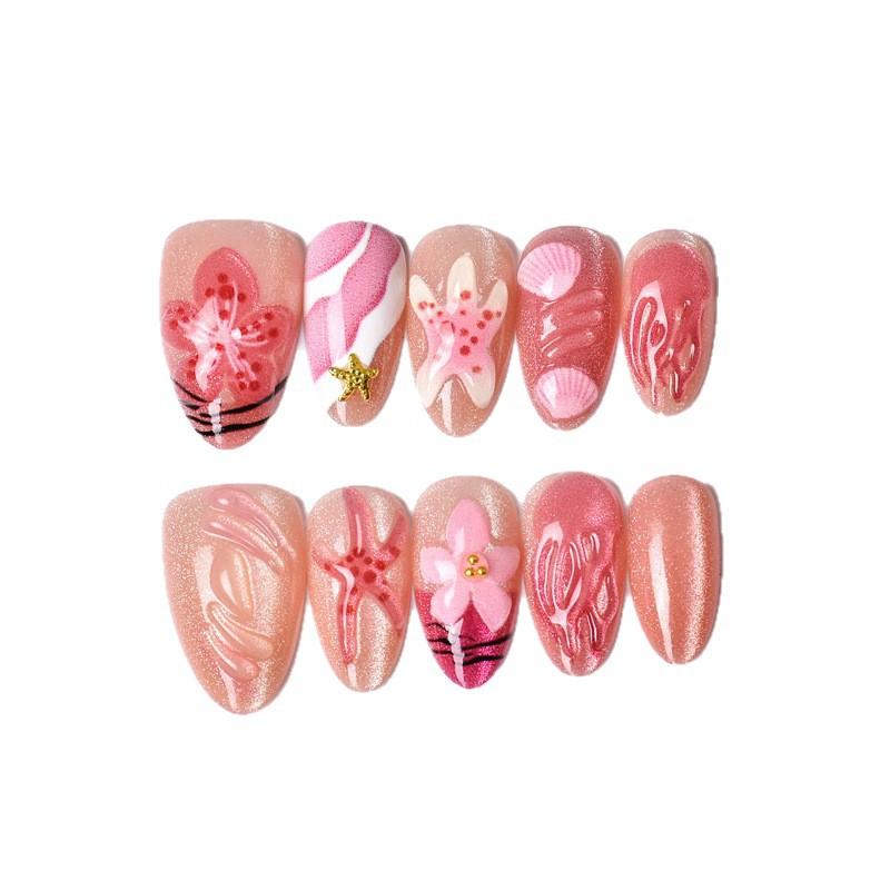 10Pcs Pink Press On Fake Nails 3D Ocean Themed Starfish Shell Design with Strong Glue for Women Girls Daily Use