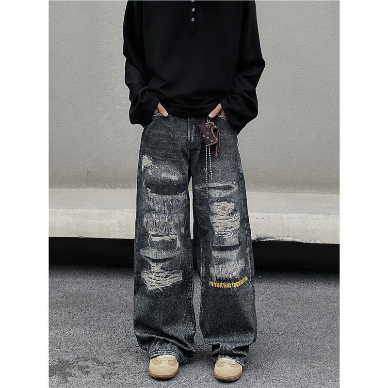 American Retro Fake Ripped D Print Jeans Men's Loose and Versatile Wide-leg Tide Brand Loose High-end Pants Tide