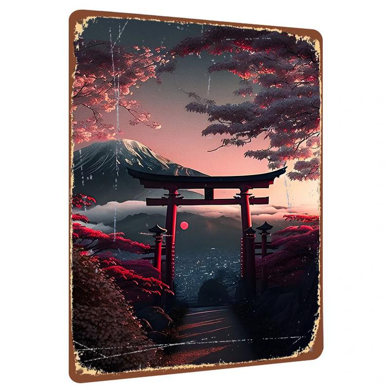 

Japanese Fuji Mountain Sakura Torii Gate Landscape Metal Iron Painting Home Wall Decor Artwork 20x30cm（7.8x11.8inch）