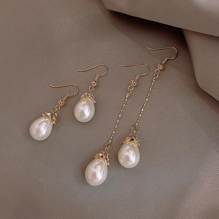 Silver Petal Water Drop Pearl Earrings Temperament Retro Court Style Long Petal Water Drop Pearl Earrings
