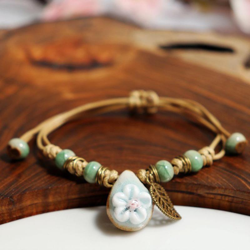Handmade Sunflower Leaf Ceramic Bracelet Boho Adjustable Jewelry For Women Vintage Ethnic Gift