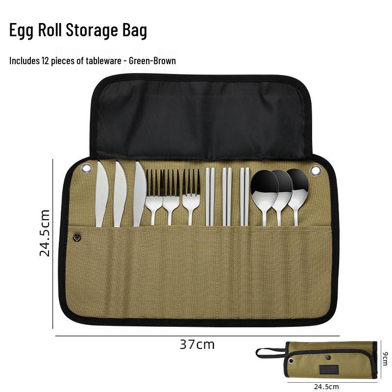 Stainless Steel Cutlery Set with Storage Bag: Chopsticks, Spoon, Fork, Knives, and Bowls for Outdoor Camping and Picnics.