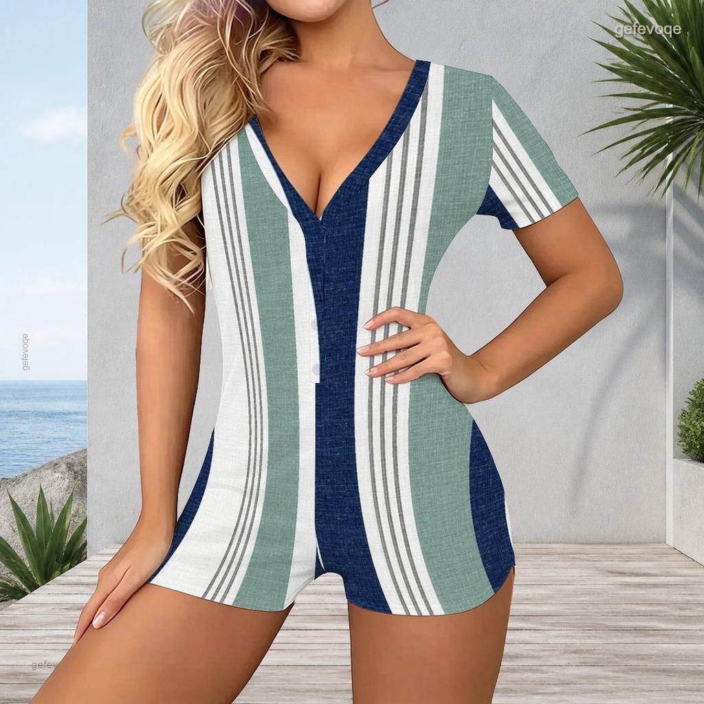 Women Plus Size Blue Beige Geometric Printed V Neck Short Sleeve Button Front Fitted Romper
