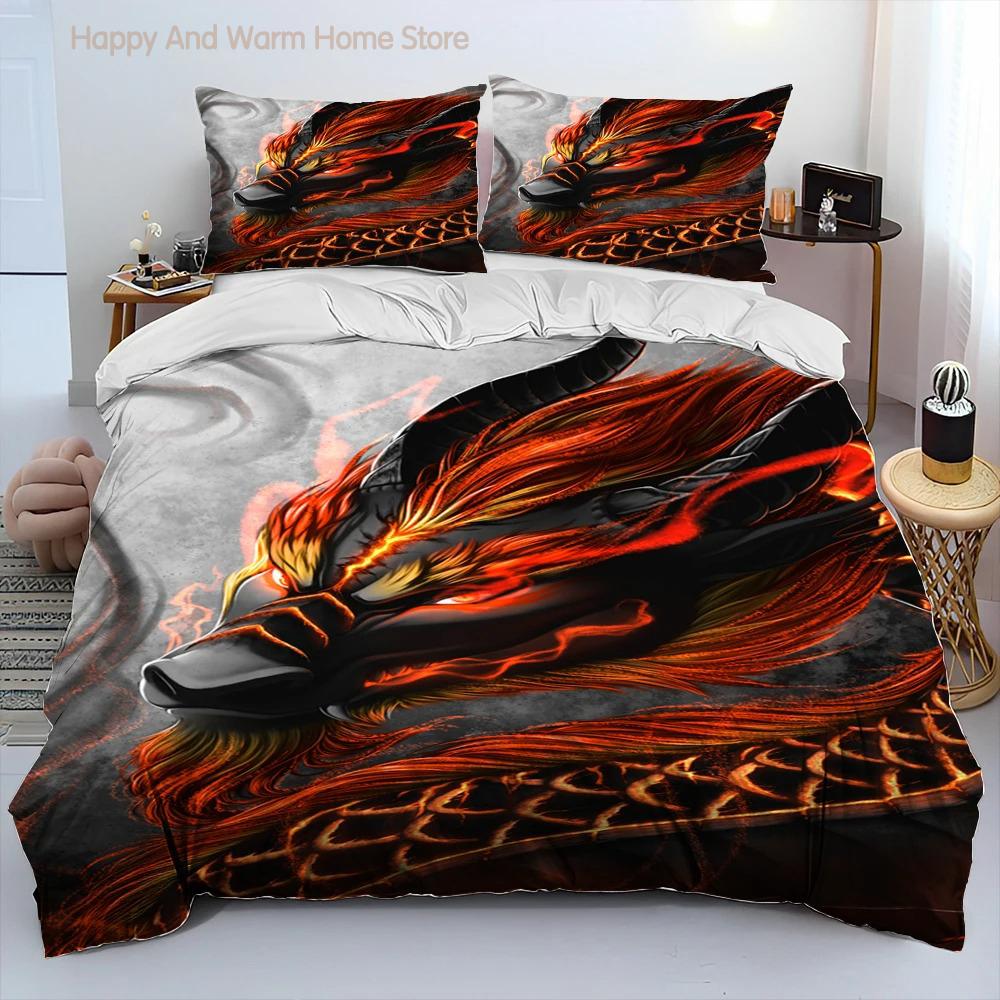 Drachen Cartoon Bettdecke Bettwäscheset, Bettbezug Bettset Steppdecke Kissenbezug, King Queen Size Bettwäscheset für Erwachsene Jungen Geschenk