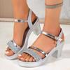 Fashion Gold Silver Sequins Chunky Heel Sandals for Women Summer 2025 Ankle Strap Platform Sandals Woman Fashion High Heel Party Shoes