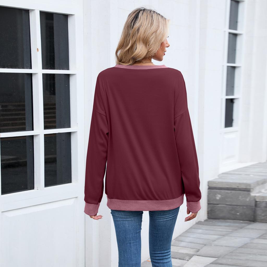 Women's Round Neck Loose Top Long Sleeved Color Blocked Ribbed Sweatshirt