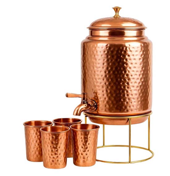 Pure Copper Hammered Water Dispenser with Brass Stand and 4 Tumblers, 5 Liter