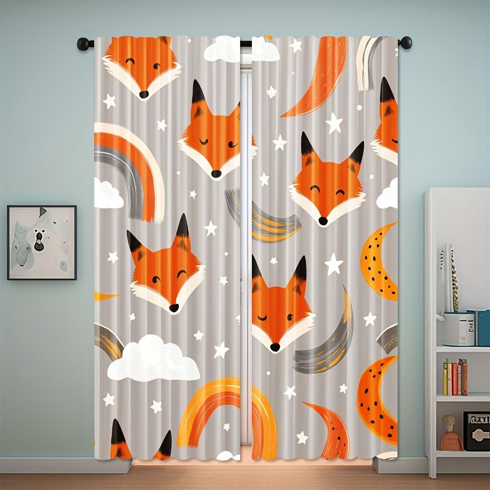 2pcs Elegant Cute Fox Rainbow Star Moon Curtains - Semi-Sheer Light Filtering Polyester Rod Pocket Design with Foxes   Stars & Cl