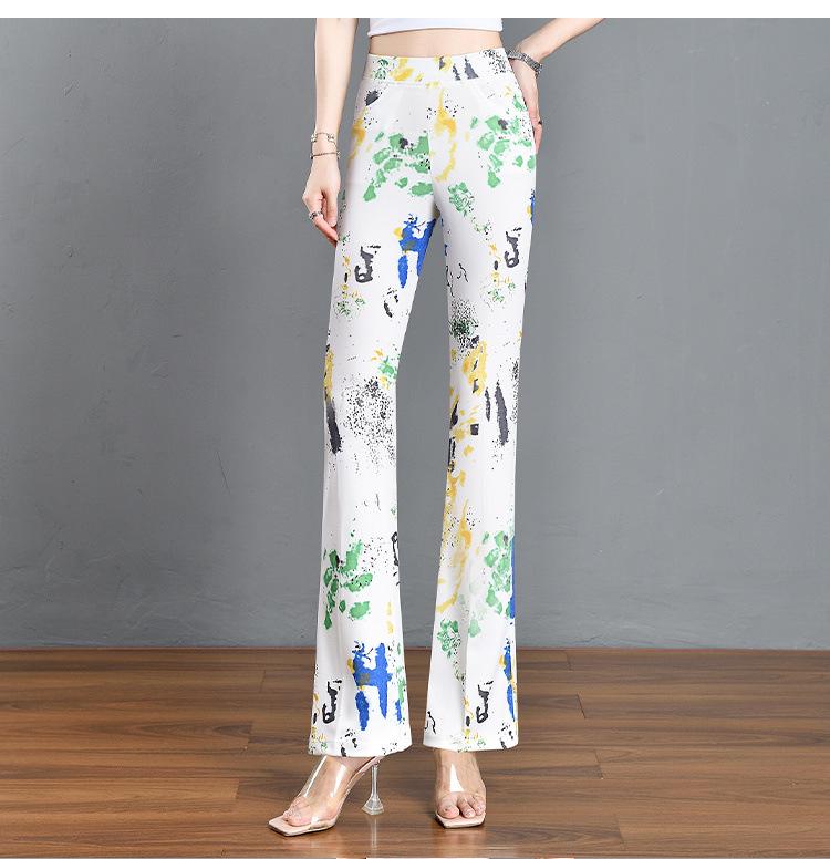 2024 Summer Women's Slimming Stretchy Micro-flare Long Pants with Printed Elastic Waist