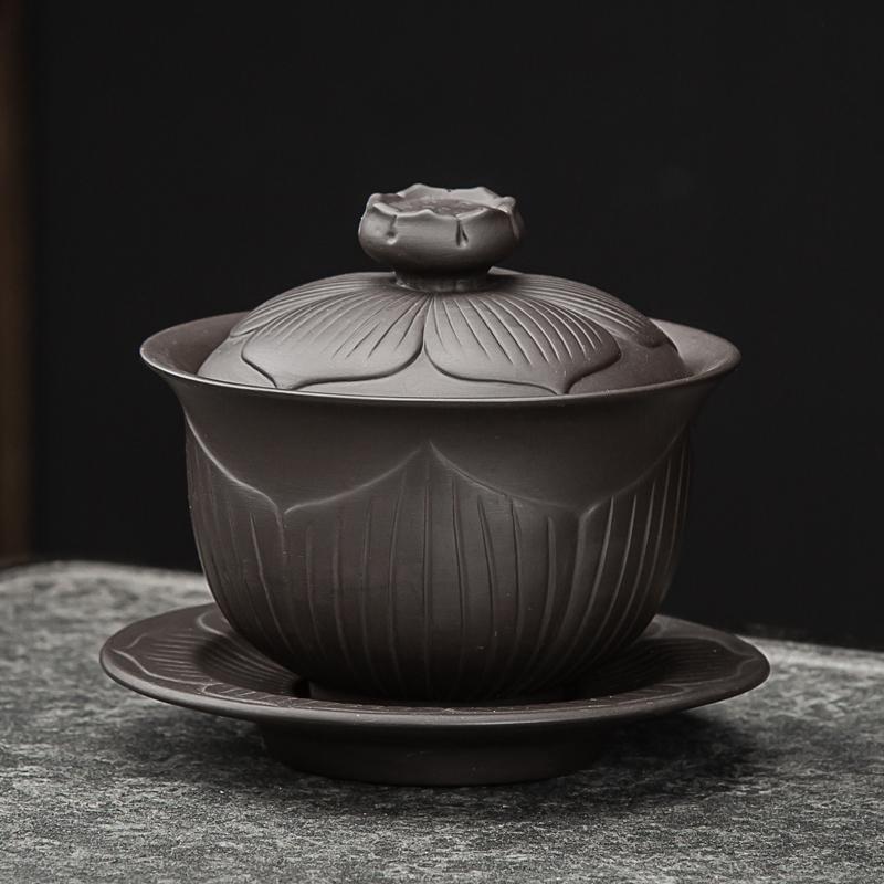 Yixing Purple Clay Covered Bowl, Single Tea Making Tea Bowl with Lid, Jingdezhen Large Sancai Ceramic Bowl Gaiwan