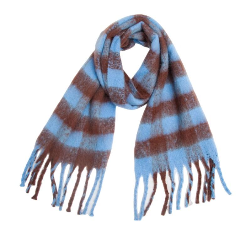Winter Yarn Thicken Style Luxury Multicolour Plaid Faux Mohair Scarf Women Tassel Long Ring