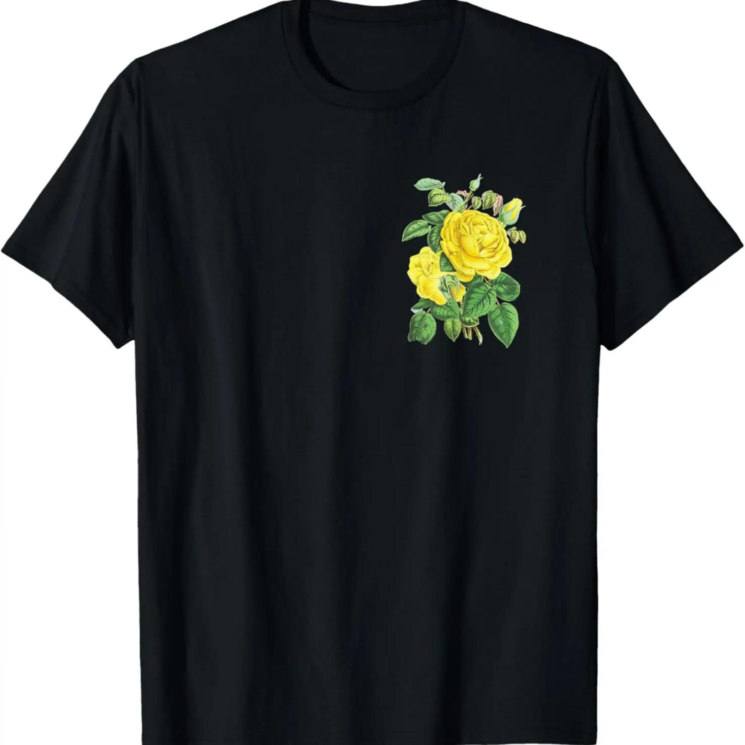 Vintage Yellow Rose Botanical Summer T-Shirt S чёрный