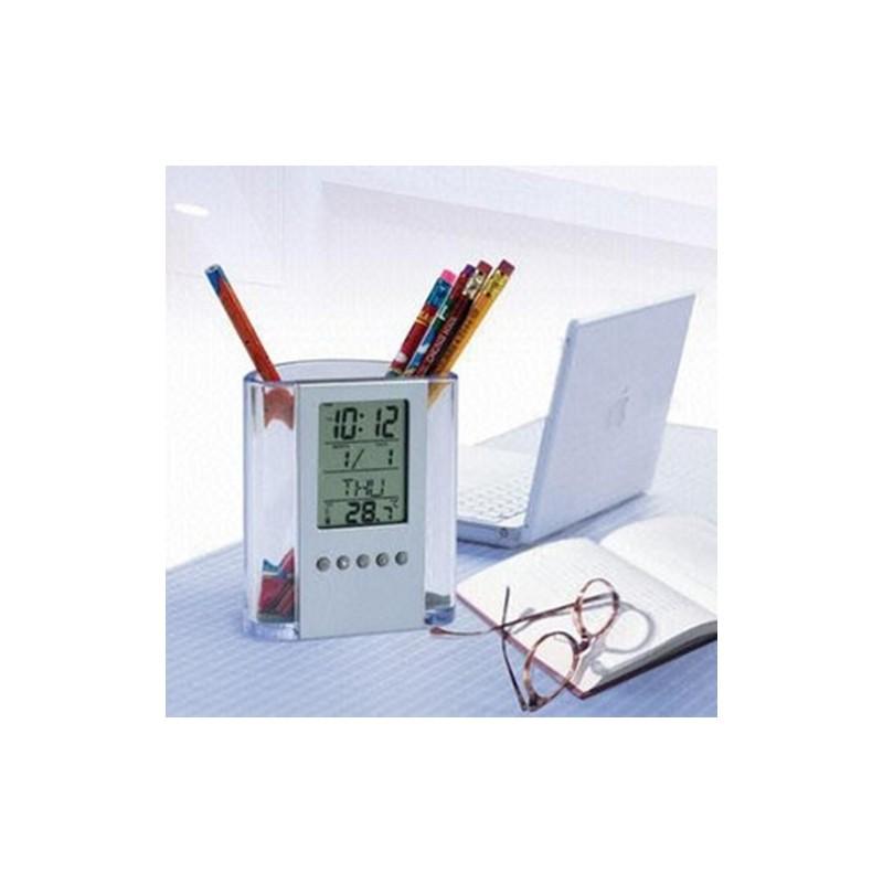 Creative Acrylic Office Pen Cup With Digital Date Clock And Multifunction Storage For Professionals