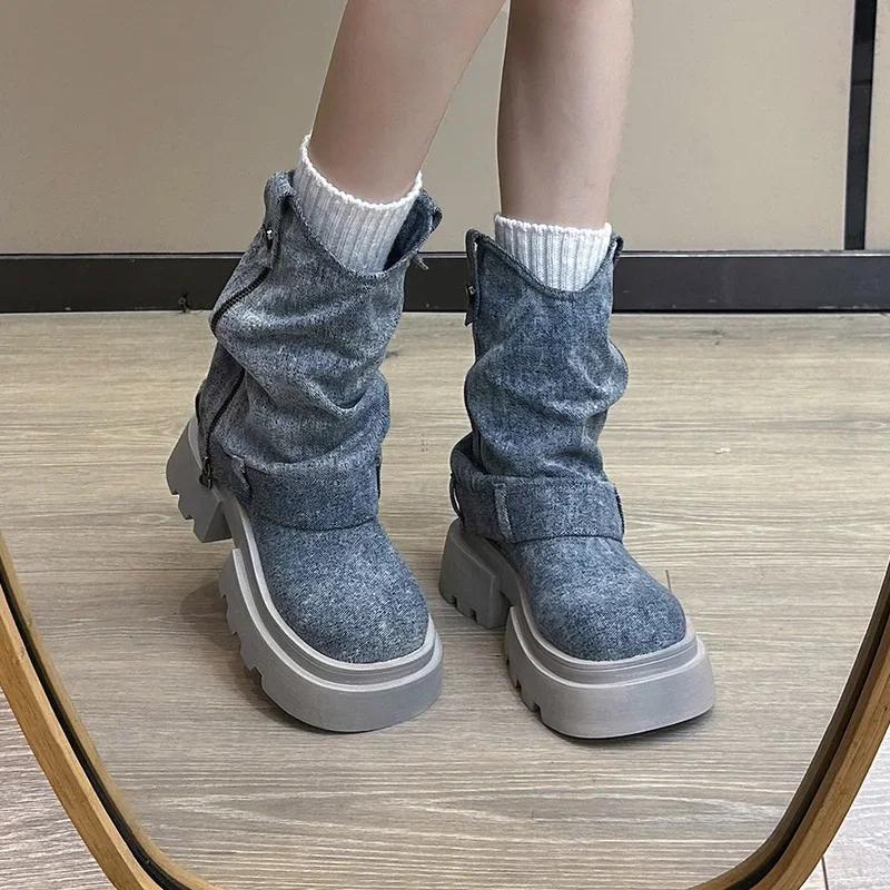 Women Thick Heel Western Cowboy Boots Female New Fashion High Heels Ankle Boots Woman Autumn Winter Platform Motorcycle Botas