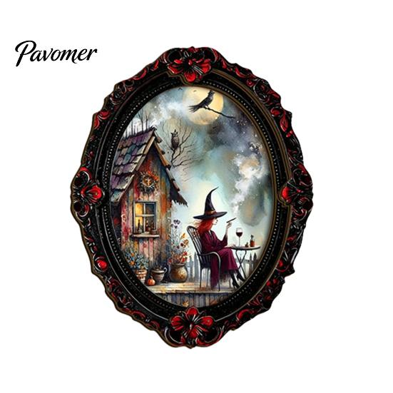 Decorative Metal Cabinet Stickers Halloween Wooden Refrigerator Magnets, Vintage Gothic Oval Frame Fridge Magnets with Witch Niche Holiday Souvenir