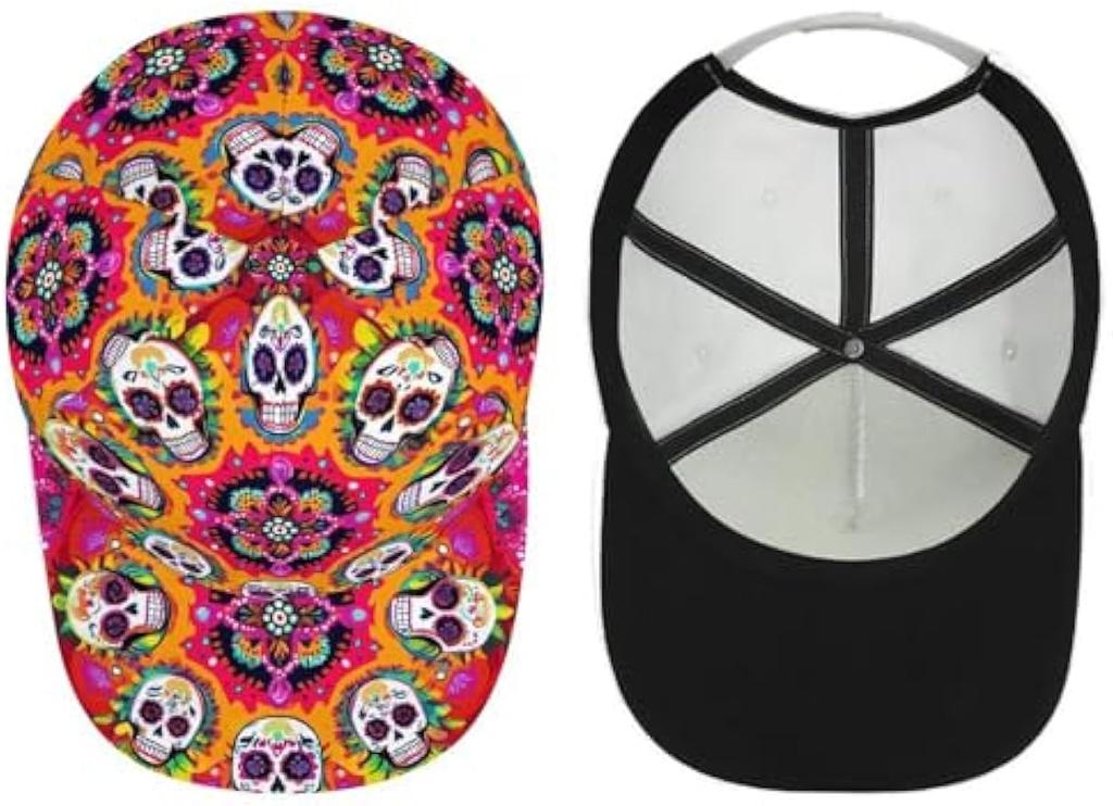 Zucker Totenkopf Buntes Blumenmuster Sonnenhut Herren Damen Verstellbare Druckknöpfe Baseballkappe Dad Cap zum Angeln Tennis Outdoor