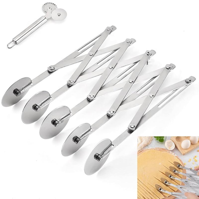 SUPER TRENDS 5-Wheel Professional Retractable Cutter, Stainless Steel Dough Cutter for Cookies, Ravioli and Pastry, Silver, 24.8x5.2x5.3 Cm
