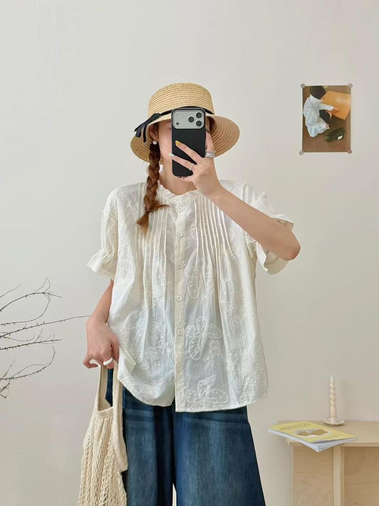 1116 Summer New Women's Crew Neck Japanese Cotton Shirt Loose Shirt Top Cardigan Vintage Mori Women's Clothing Age Reduction
