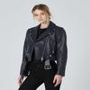 NOORA Womens Lambskin Leather Navy Blue Biker Jacket With Zipper & Pocket | Shoulder Strap | Belted Jacket |