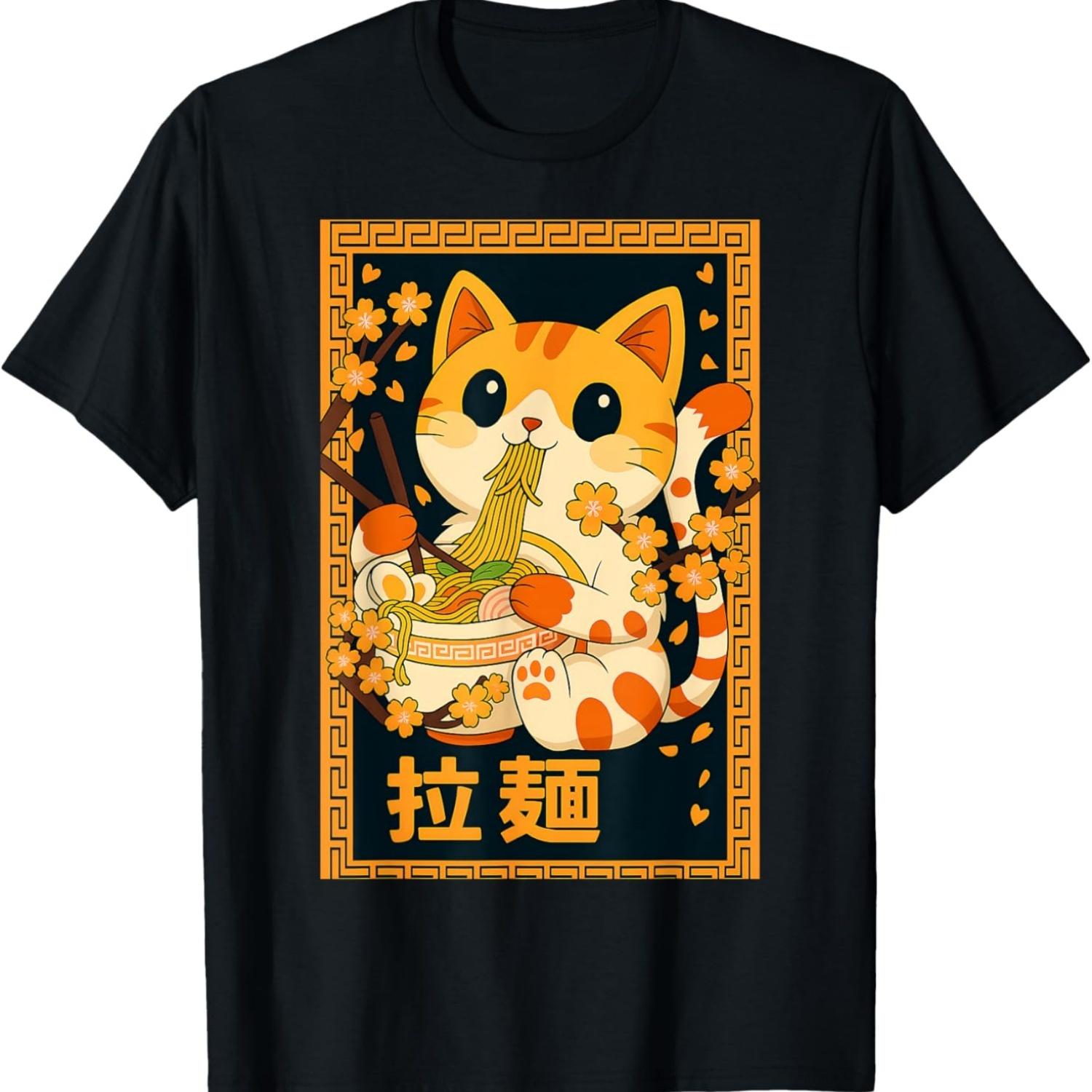 Kawaii Cat Ramen Noodles Anime Japan Cherry Blossom T-Shirt T-Shirt S