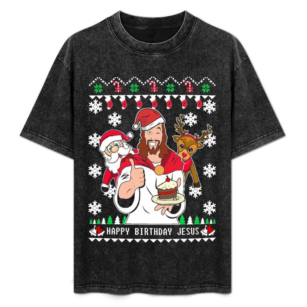 Happy Birthday Jesus Ugly Christmas Sweater Tshirt Casual Fashion Short Sleeve Cotton Tshirt