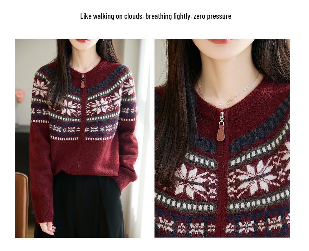 Women's Fair Isle Retro Jacquard Knit Cardigan Sweater - Double Zipper, Warm, Trendy Red Coat