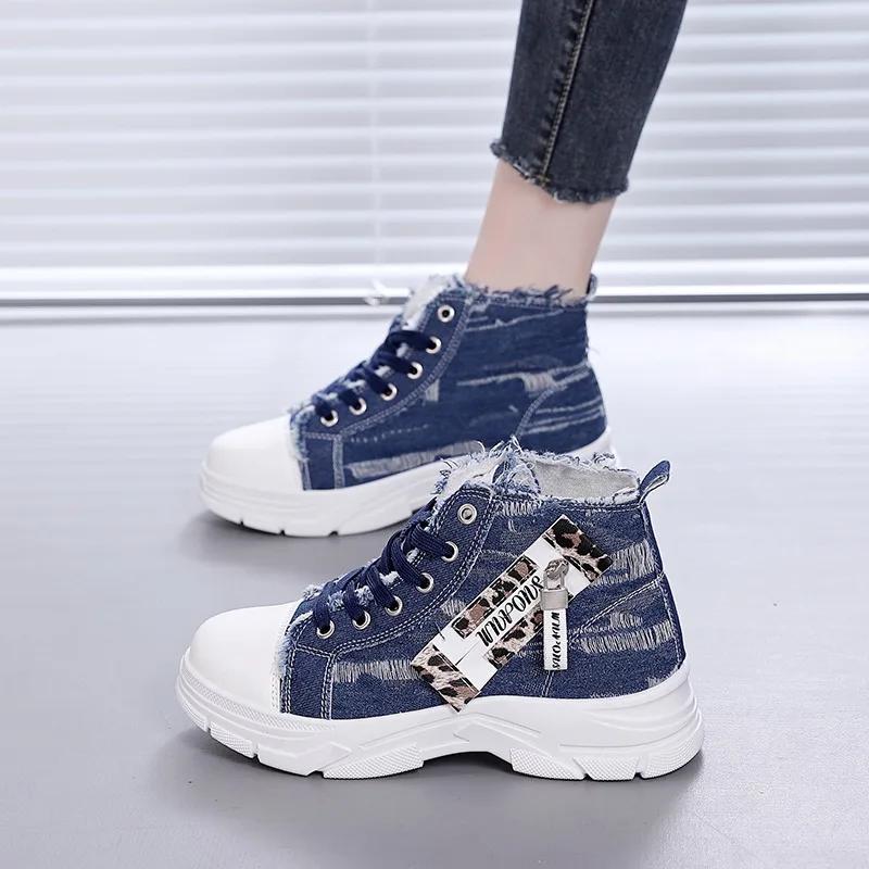 Women Sneakers New Canvas High-top Women Shoes 2025 Breathable Denim Sneakers Women Summer Thick Bottom Heightening Casual Shoes